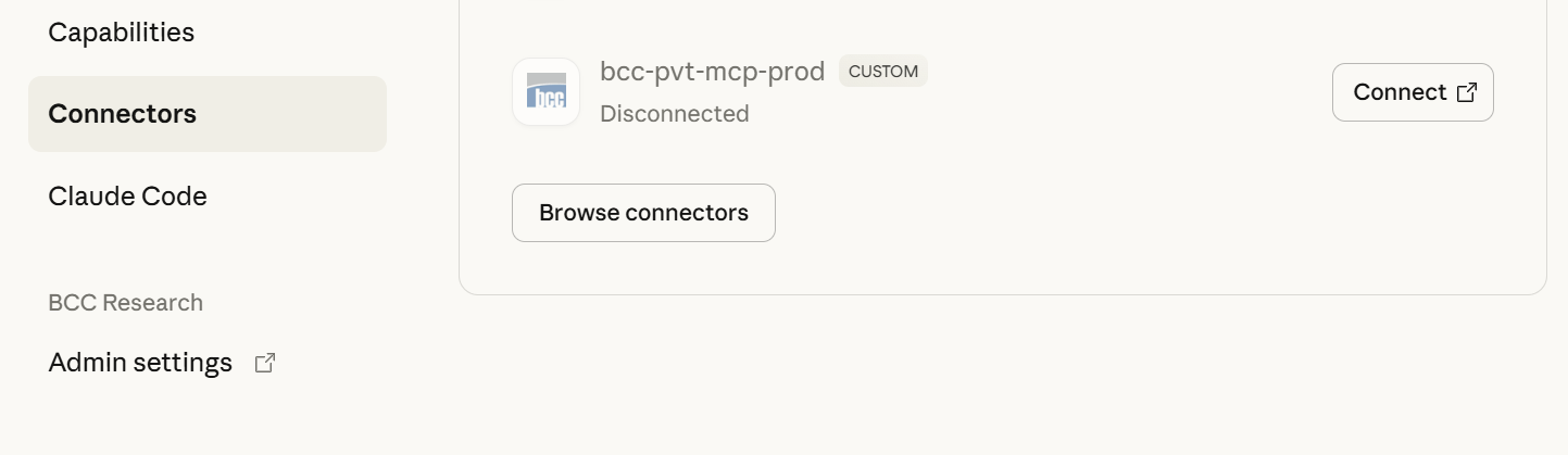 Claude.ai connector list showing connect action