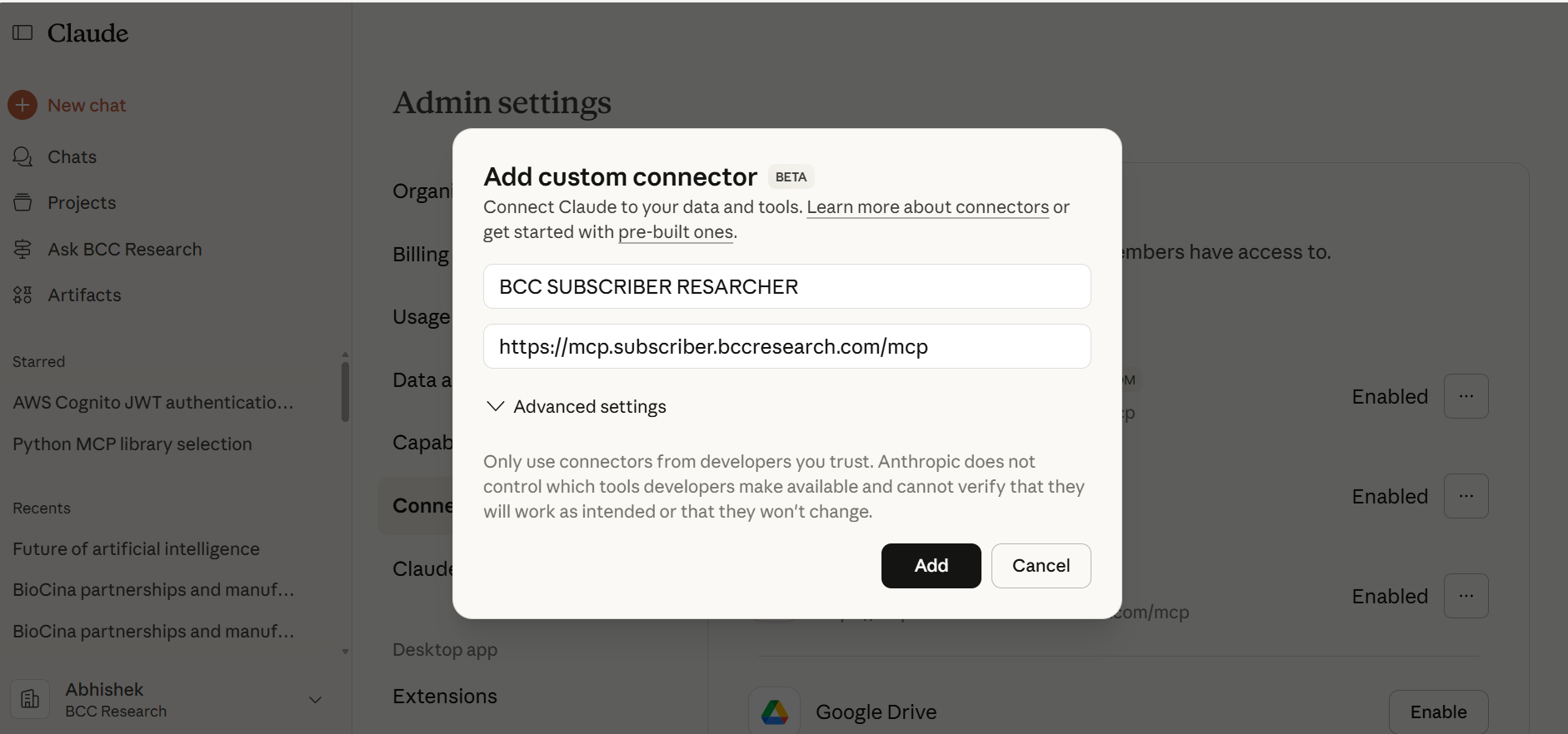 Claude.ai custom connector settings